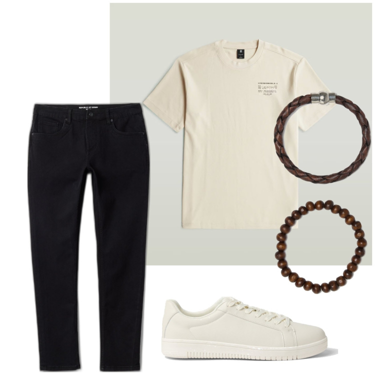 Outfit hombre - Urban style. Estilo Urban para Todos los días. Combinación con vaqueros pitillo, camiseta, sneakers, pulseras.