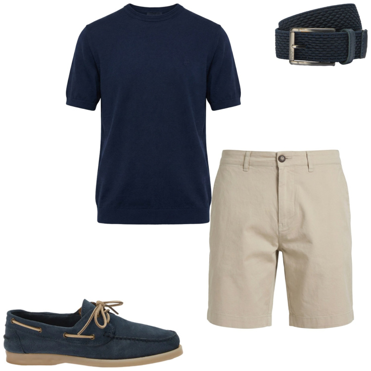 Outfit uomo - Valigia per le vacanze. Stile Casual per Tutti i giorni. Abbinamento con scarpe stringate, bermuda, t-shirt, cinture.
