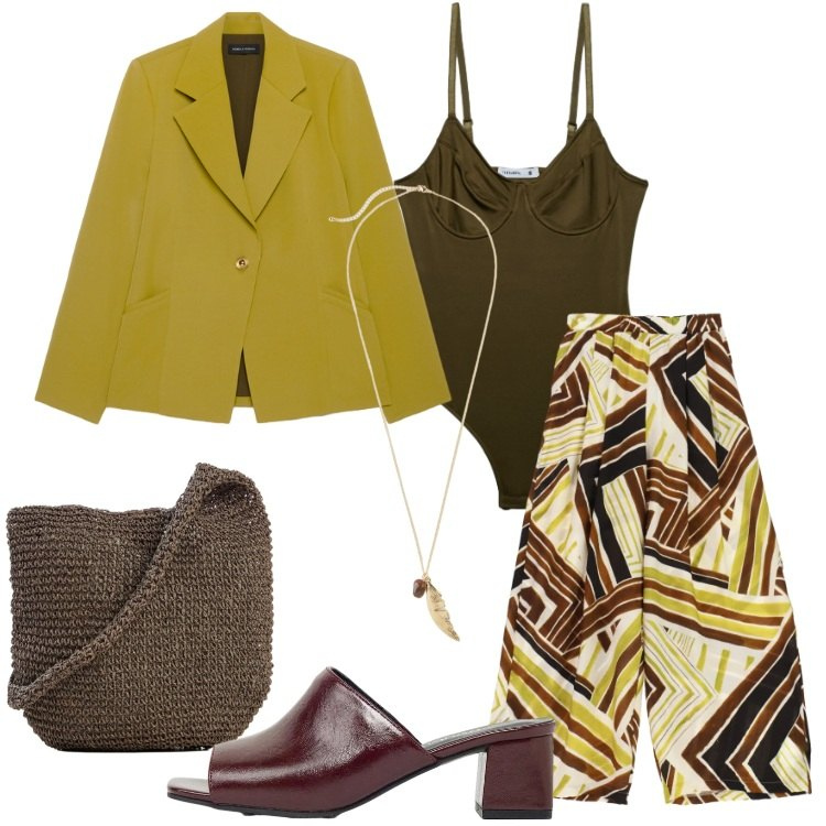 Outfit donna - Incanto esotico - @francine. Stile Etnico per Serata fuori. Abbinamento con ciabatte, shopping bag, collane, top, pantaloni a palazzo, blazer.