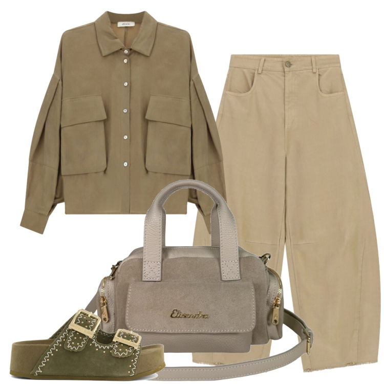 Outfit donna - Super Natural. Stile Casual per Tutti i giorni. Abbinamento con borse a mano, pantaloni a palazzo, camicie, ciabatte.