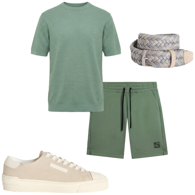 Outfit uomo - Valigia per le vacanze. Stile Casual per Tutti i giorni. Abbinamento con t-shirt, sneakers, cinture, pantaloni corti.