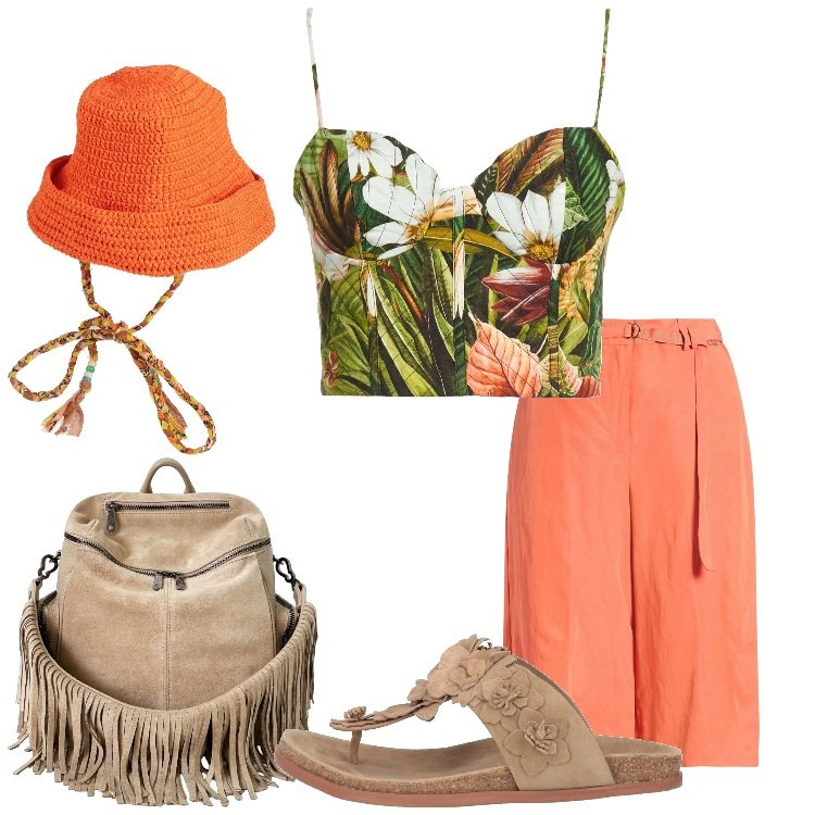 Outfit donna - Must-have in lino. Stile Etnico per Tutti i giorni. Abbinamento con infradito, top, pantaloni, cappelli, zaini.