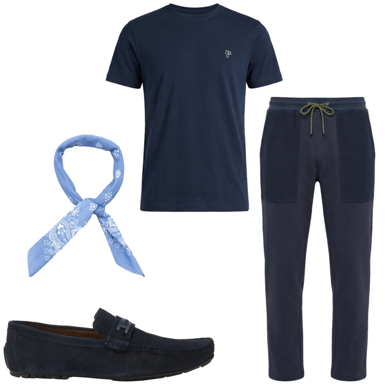 Outfit uomo - Luglio. Stile Casual per Tutti i giorni. Abbinamento con pantaloni, scarpe stringate, t-shirt, sciarpe e foulard.
