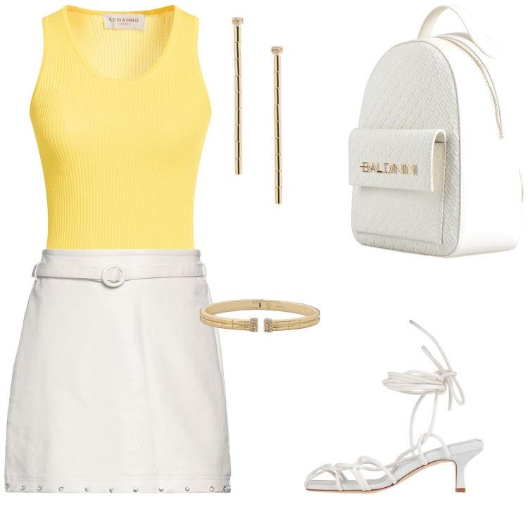 Outfit donna - Leone. Stile Casual chic per Tutti i giorni. Abbinamento con top, minigonne, zaini, sandali col tacco, orecchini, braccialetti.