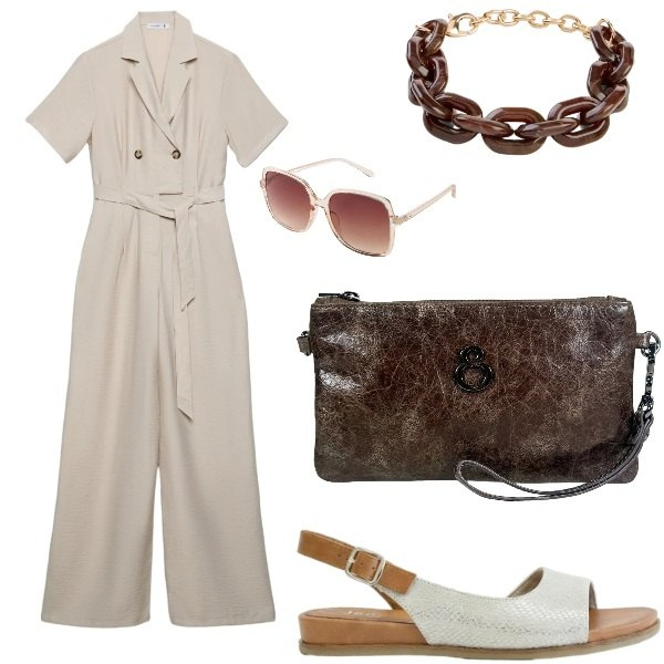 Outfit donna - Estate. Stile Casual chic per Tutti i giorni. Abbinamento con sandali, occhiali da sole, braccialetti, pochette, tute.