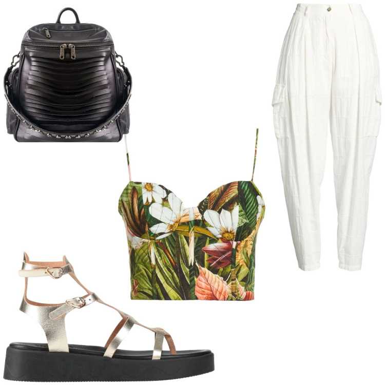 Outfit donna - Incanto esotico. Stile Trendy per Tutti i giorni. Abbinamento con top, pantaloni cargo, infradito, zaini.