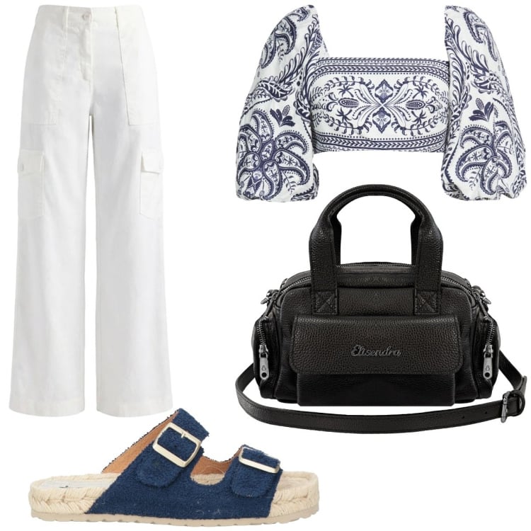 Outfit donna - Must-have in lino. Stile Casual chic per Tutti i giorni. Abbinamento con top, espadrillas, pantaloni cargo, borse a mano.