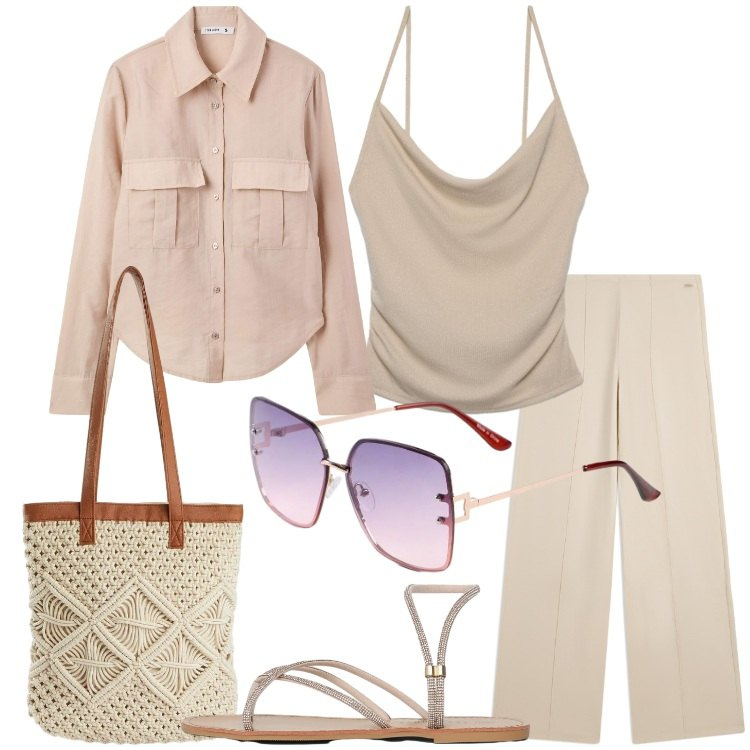 Outfit donna - Valigia per le vacanze. Stile Casual chic per Tutti i giorni. Abbinamento con occhiali da sole, shopping bag, camicie, canottiere, sandali, pantaloni.