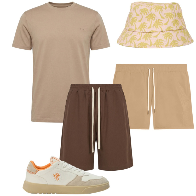 Outfit uomo - Total look #2440231. Stile Trendy per Mare. Abbinamento con t-shirt, sneakers, cappelli con visiera, pantaloni corti, costumi.