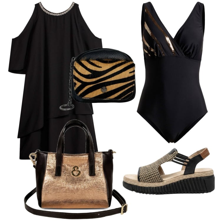 Outfit donna - Total look #2440233. Stile Vintage retrò per Mare. Abbinamento con costumi interi, vestiti, sandali, portachiavi, borse a mano.