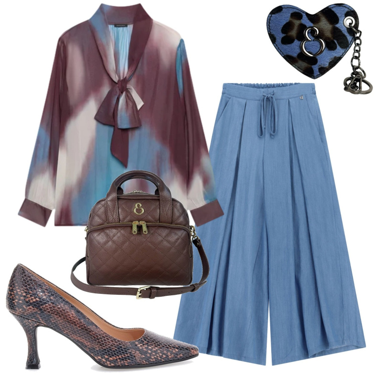 Outfit donna - Total look #2440236. Stile Casual chic per Tutti i giorni. Abbinamento con borse a mano, portachiavi, bluse, pantaloni a palazzo, décolleté.