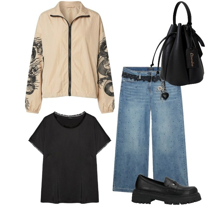 Outfit donna - Total look #2440237. Stile Urban per Tutti i giorni. Abbinamento con mocassini, borse a secchiello, jeans, t-shirt, bomber.