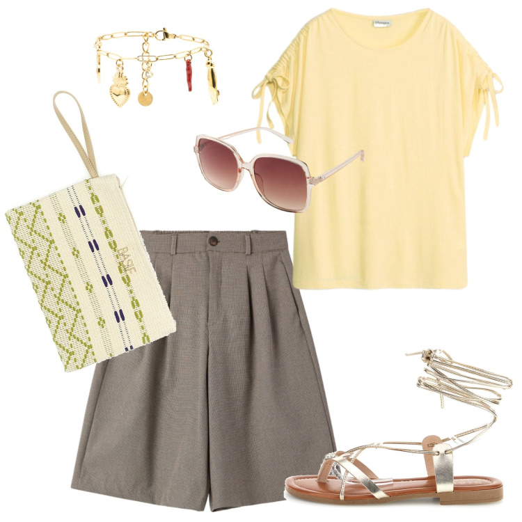 Outfit donna - Total look #2440243. Stile Casual chic per Tutti i giorni. Abbinamento con occhiali da sole, t-shirt, bermuda, braccialetti, sandali alla schiava, pochette.