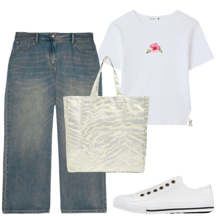 Outfit donna - Total look #2440247. Stile Casual per Tutti i giorni. Abbinamento con sneakers, shopping bag, t-shirt, jeans.