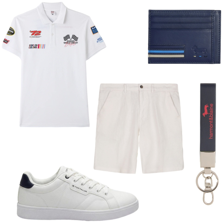 Outfit uomo - Total look #2440248. Stile Casual per Mare. Abbinamento con sneakers, portafogli, portachiavi, polo, bermuda.