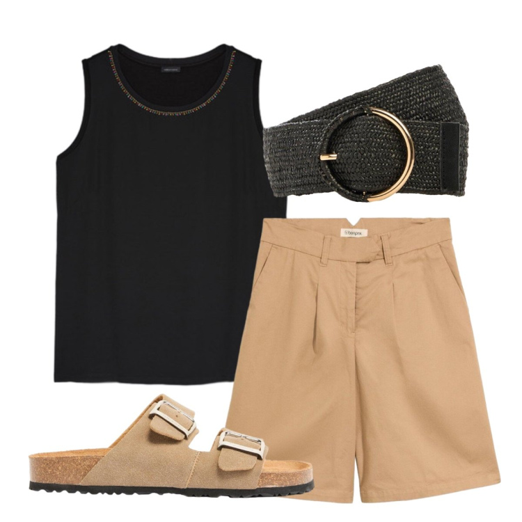 Outfit donna - Luglio. Stile Bon Ton per Tutti i giorni. Abbinamento con bermuda, cinture, ciabatte, top.