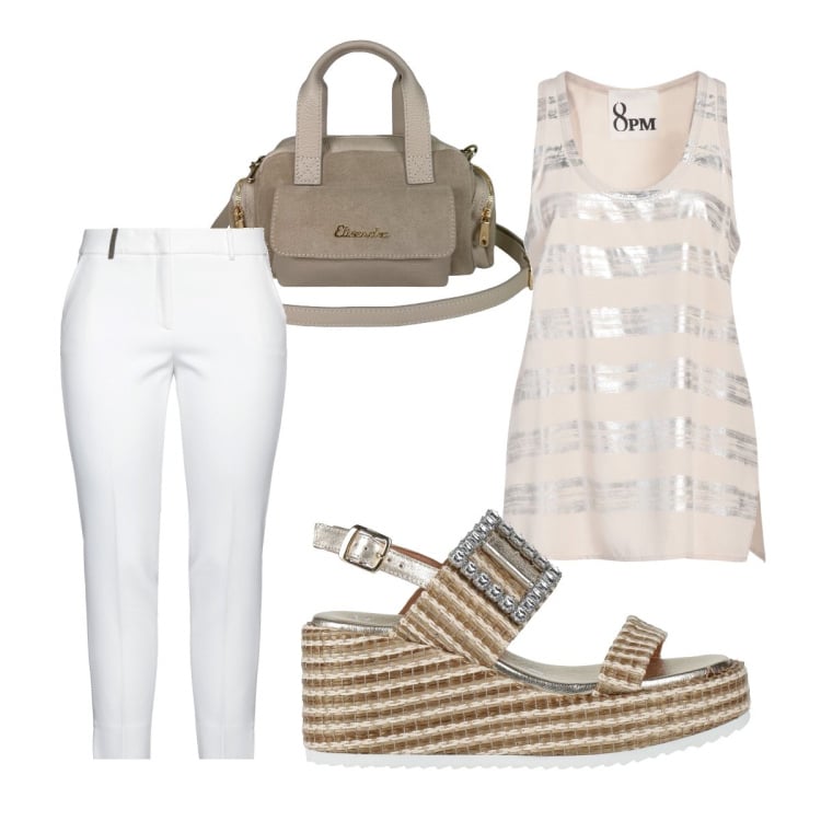 Outfit donna - Pantaloni affusolati. Stile Casual chic per Scuola/Università. Abbinamento con top, pantaloni, sandali in pelle, borse a mano.