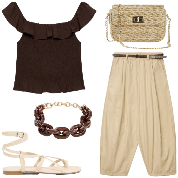 Outfit donna - I pantaloni balloon trendy. Stile Trendy per Tutti i giorni. Abbinamento con braccialetti, borse a tracolla, sandali, pantaloni, top.