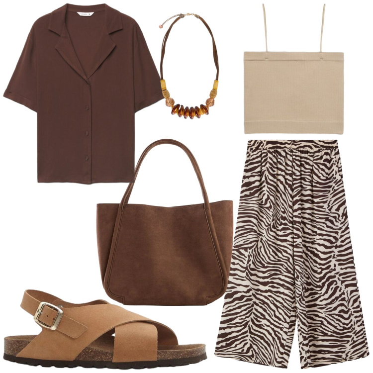 Outfit donna - Etnico. Stile Etnico per Tutti i giorni. Abbinamento con sandali in pelle, shopping bag, pantaloni, camicie a manica corta, top, collane.