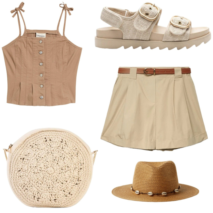 Outfit donna - Urban safari. Stile Urban per Tutti i giorni. Abbinamento con top, borse a tracolla, sandali, cappelli, shorts.