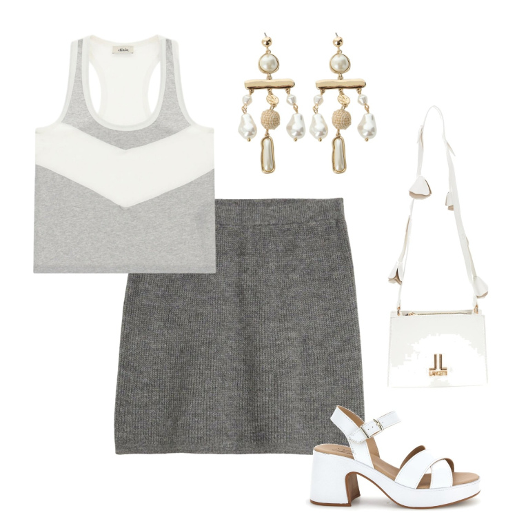 Outfit donna - Total look #2440263. Stile Casual chic per Tutti i giorni. Abbinamento con minigonne, orecchini, top, sandali col tacco, borse a tracolla.