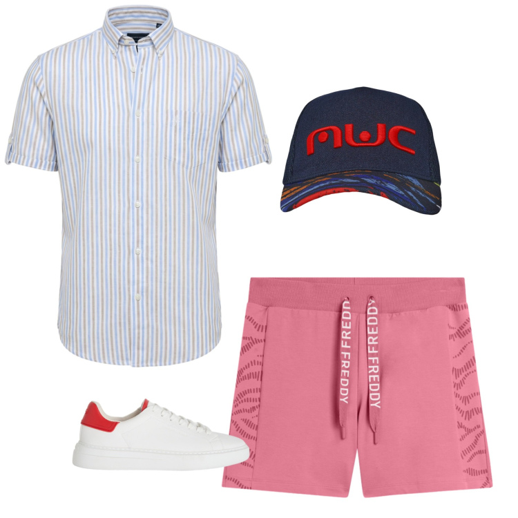 Outfit uomo - Total look #2440269. Stile Casual per Mare. Abbinamento con sneakers, camicie a manica corta, cappelli con visiera, shorts.