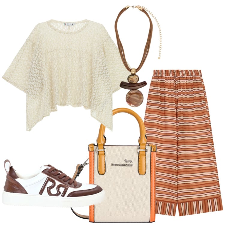 Outfit donna - Total look #2440275. Stile Etnico per Tutti i giorni. Abbinamento con borse tote, ciondoli, pantaloni a palazzo, top, sneakers.