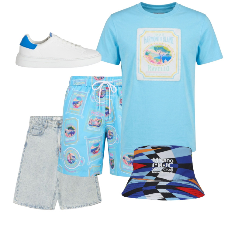 Outfit uomo - Total look #2440276. Stile Trendy per Mare. Abbinamento con sneakers, t-shirt, costumi, cappelli, shorts.