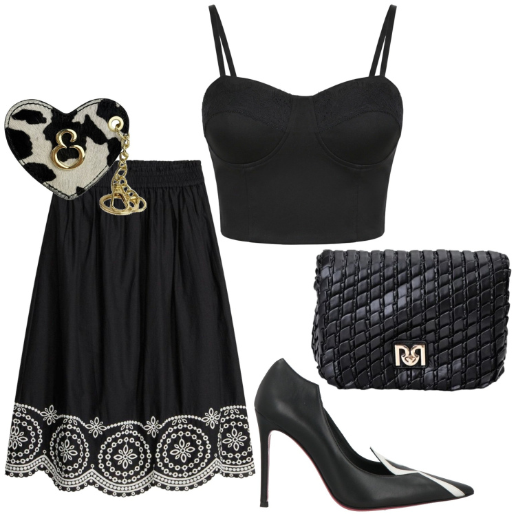 Outfit donna - Total look #2440277. Stile Chic per Serata fuori. Abbinamento con décolleté, gonne longuette, portachiavi, top, borse a tracolla.