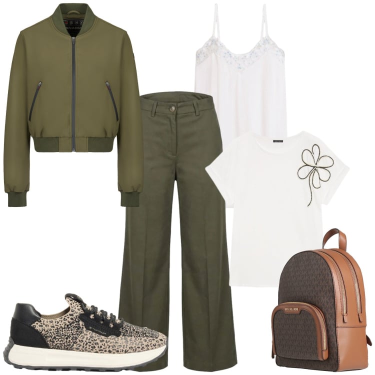 Outfit donna - In montagna. Stile Sporty chic per Tutti i giorni. Abbinamento con zaini, sneakers, sottovesti, pantaloni a palazzo, bomber, t-shirt.