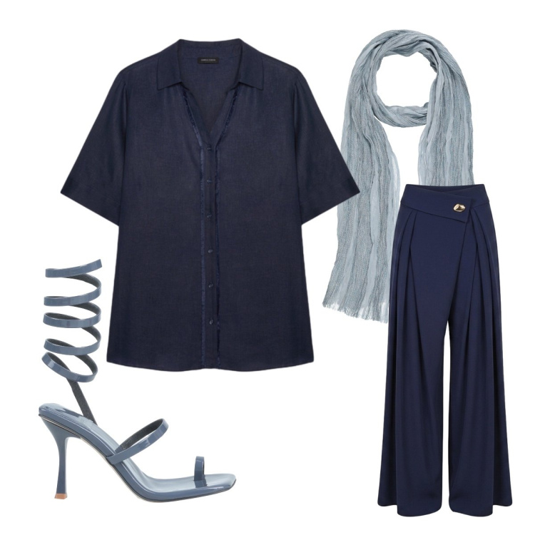 Outfit donna - Total look. Stile Casual chic per Serata fuori. Abbinamento con sciarpe, infradito, pantaloni a palazzo, camicie a manica corta.