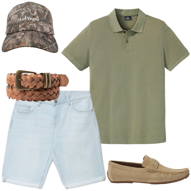 Outfit uomo - Total look #2440293. Stile Casual per Tutti i giorni. Abbinamento con polo, scarpe stringate, cappelli con visiera, shorts, cinture.