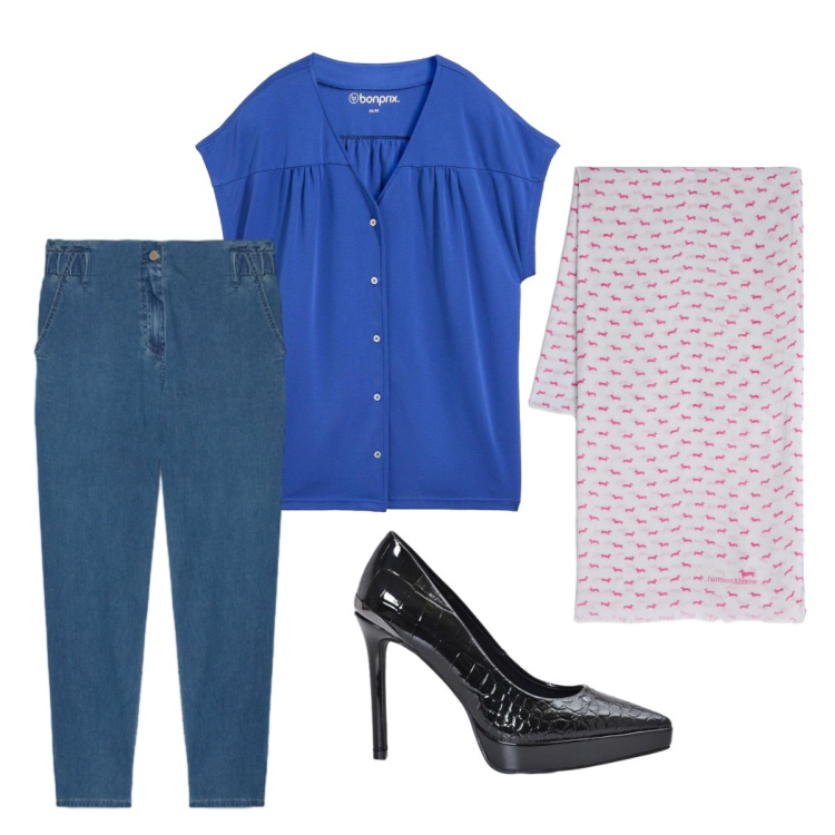 Outfit donna - Blue summer. Stile Casual chic per Ufficio. Abbinamento con t-shirt, sciarpe, jeans, décolleté.