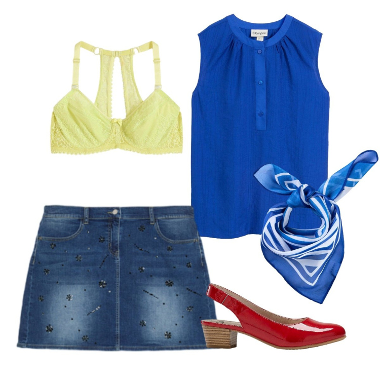 Outfit donna - Serata sui Navigli. Stile Casual chic per Serata fuori. Abbinamento con foulard, top, décolleté, reggiseni, minigonne.