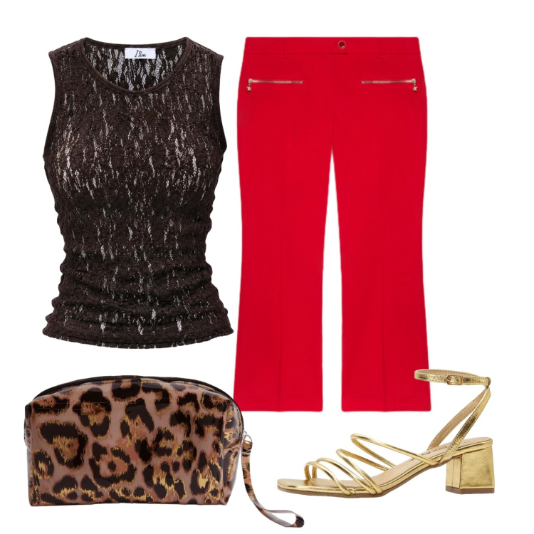 Outfit donna - Donna curvy. Stile Casual chic per Serata fuori. Abbinamento con sandali col tacco, top, pochette, pantaloni.