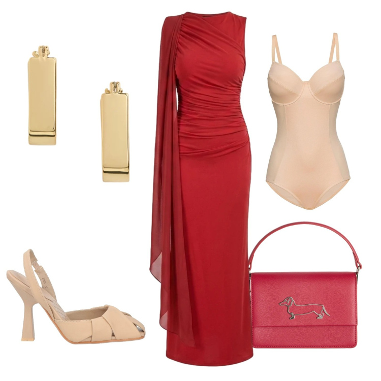 Outfit donna - La stagione del Leone. Stile Glamour per Serata fuori. look ideale per Tall. Abbinamento con décolleté, body, borse a tracolla, orecchini, vestiti lunghi.