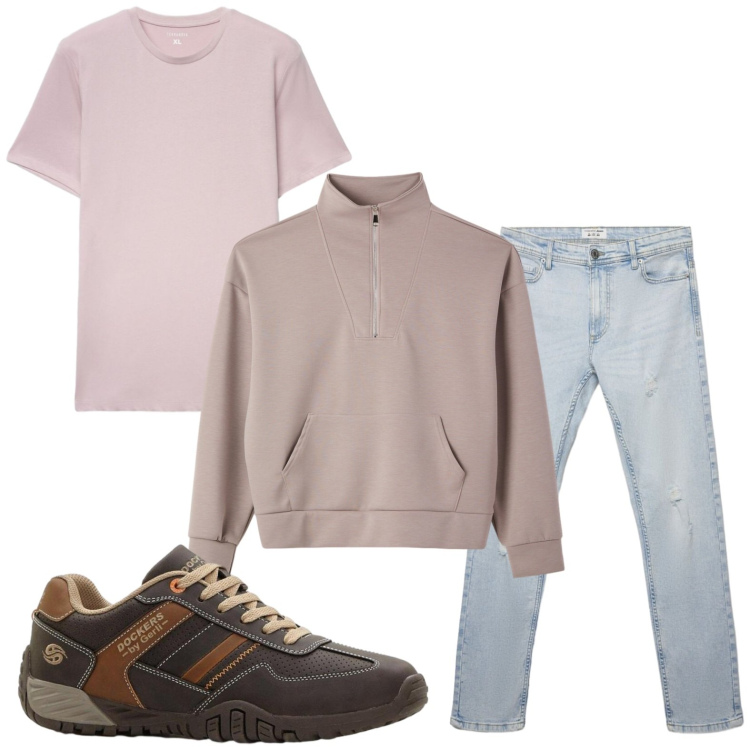 Outfit uomo - Sportivo. Stile Casual per Tutti i giorni. Abbinamento con sneakers, jeans strappati, felpe, t-shirt.