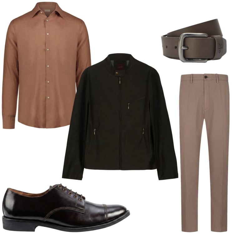 Outfit uomo - Look estivo. Stile Casual per Ufficio. Abbinamento con cinture, giacche, scarpe stringate, camicie, pantaloni.