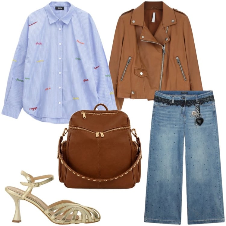 Outfit donna - Total look #2440314. Stile Casual chic per Tutti i giorni. Abbinamento con zaini, jeans, sandali col tacco, camicie, giacche.
