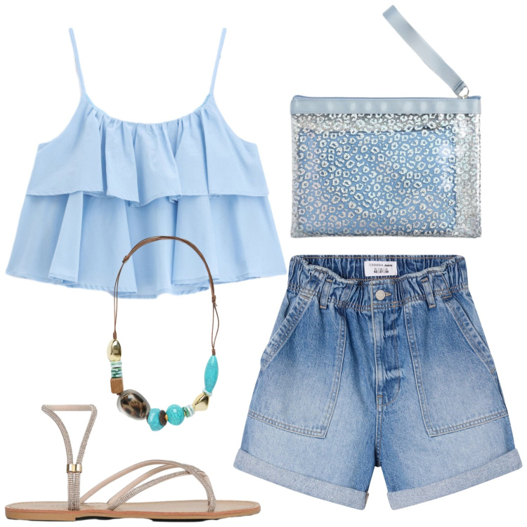 Outfit donna - In vacanza. Stile Casual per Tutti i giorni. Abbinamento con shorts, pochette, sandali, top, collane.