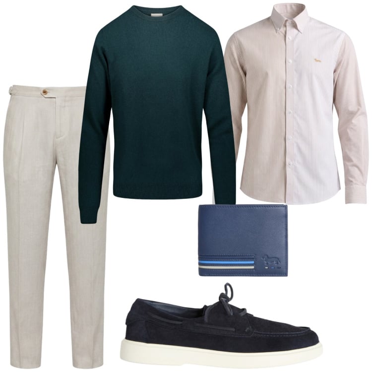 Outfit uomo - Aperitivo serale. Stile Trendy per Serata speciale. Abbinamento con scarpe stringate, portafogli, pantaloni chino, camicie, maglieria.