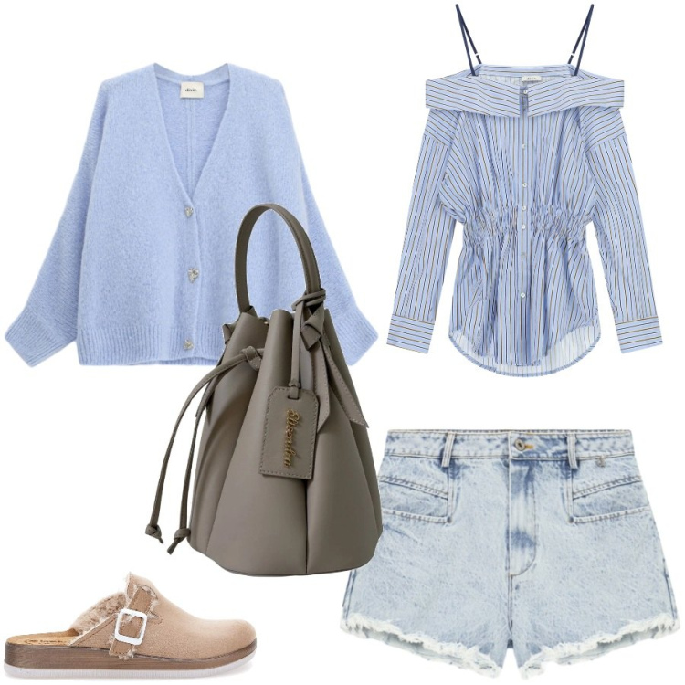 Outfit donna - Total look #2440318. Stile Casual chic per Tutti i giorni. Abbinamento con borse a secchiello, cardigans, camicie, shorts, pantofole.