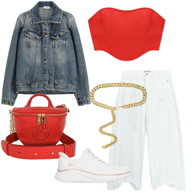 Outfit donna - Total look #2440320. Stile Casual chic per Tutti i giorni. Abbinamento con borse a tracolla, cinture, pantaloni a palazzo, blazer, top, sneakers.