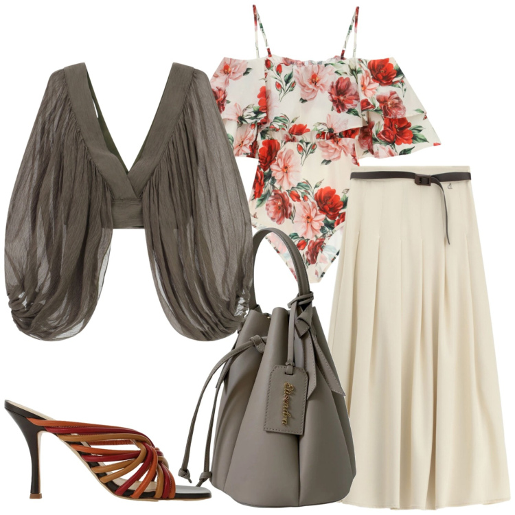 Outfit donna - Total look #2440321. Stile Glamour per Serata fuori. Abbinamento con borse a secchiello, gonne lunghe, sandali, top, body.