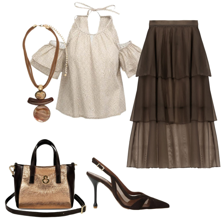 Outfit donna - Total look #2440324. Stile Etnico per Serata fuori. Abbinamento con top, borse a mano, ciondoli, gonne lunghe, décolleté.