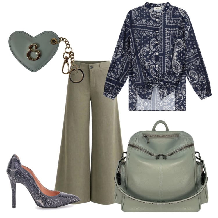 Outfit donna - Total look #2440329. Stile Chic per Serata fuori. Abbinamento con pantaloni a palazzo, zaini, portachiavi, camicie, décolleté.