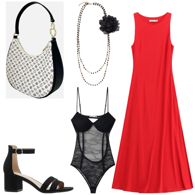 Outfit donna - Total look #2440331. Stile Chic per Serata fuori. Abbinamento con sandali col tacco, borse a spalla, body, collane, vestiti lunghi.