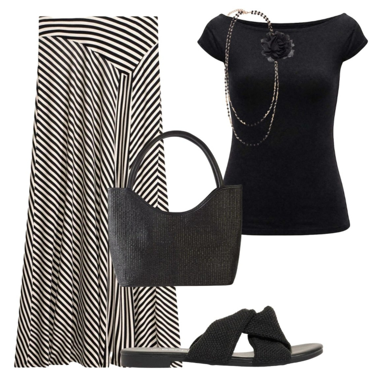 Outfit donna - Ricordi di tradizioni del sud. Stile Chic per Serata fuori. Abbinamento con gonne, shopping bag, sandali, top, collane.
