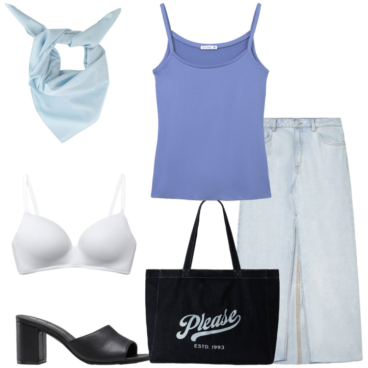 Outfit donna - Total look #2440336. Stile Urban per Tutti i giorni. Abbinamento con sandali col tacco, gonne lunghe, magliette intime, reggiseni, foulard, shopping bag.