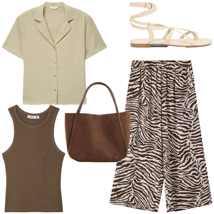 Outfit donna - Wild look. Stile Etnico per Tutti i giorni. Abbinamento con sandali, shopping bag, canottiere, pantaloni, camicie a manica corta.